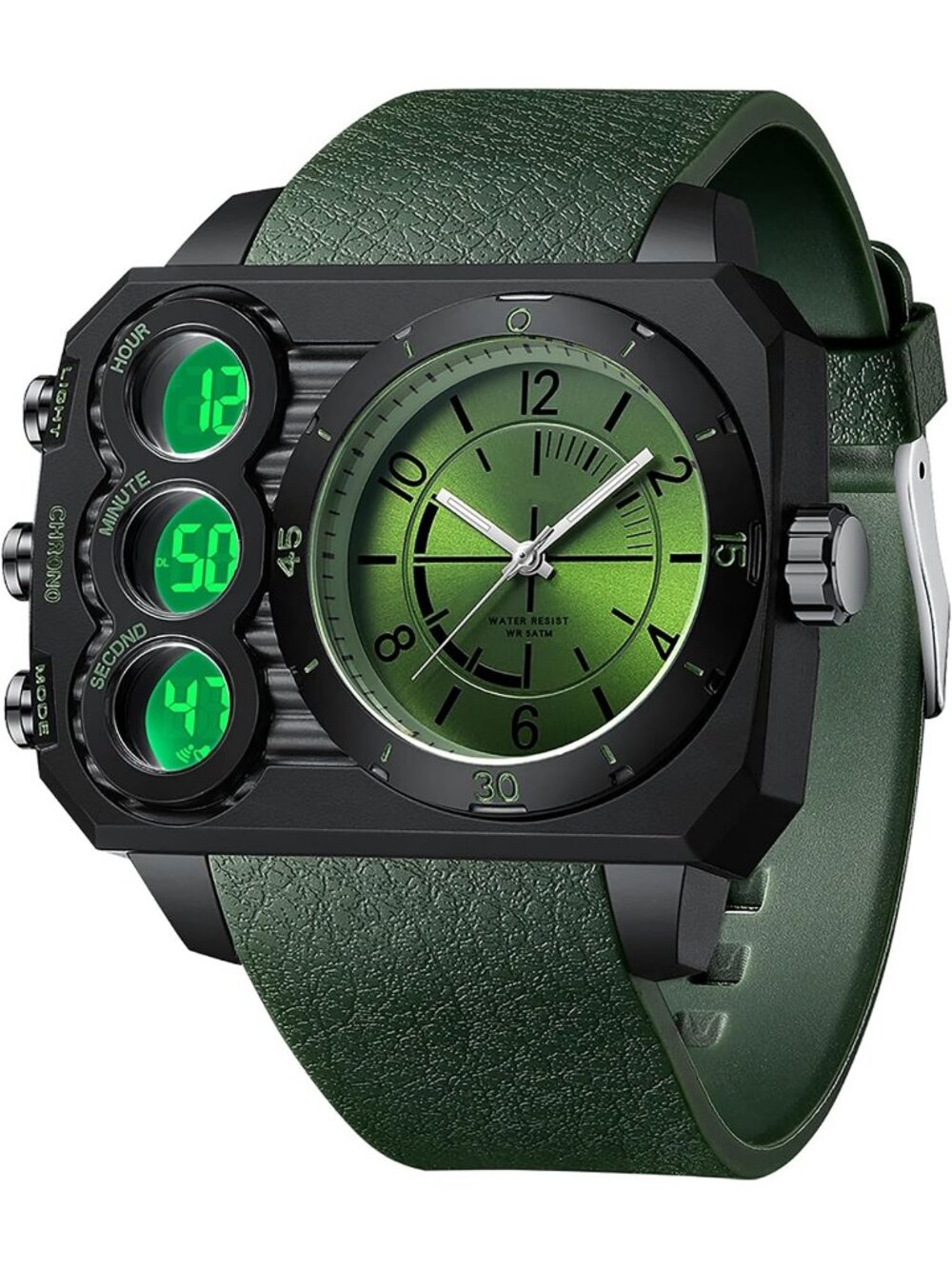Men's Green Square Large Face Cool LED Three Time Zone Countdown Wrist Watch